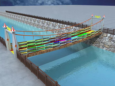Colorful Suspension Bridge With Colorful Planks Over Water Stone Walls Railings And Warning Cones 3d model