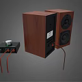 High Quality Wooden Bookshelf Audio Speakers With Black Amplifier And Red Cable