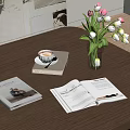 Decorative Ornament Set With Coffee Cup Books Open Magazine White Tulips In Vase On Table