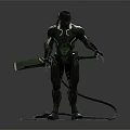 Standing Cybernetic Character in Green Mechanical Armor With Back Cables and Blue Glowing Feet