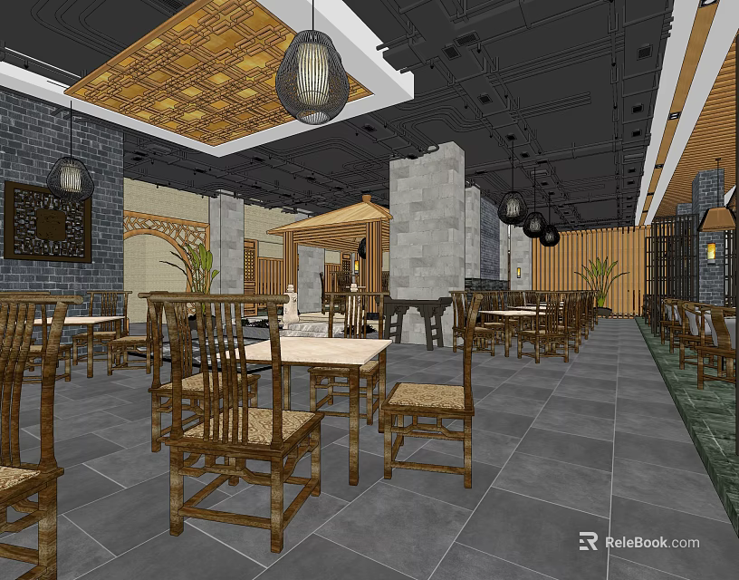 Traditional Chinese Restaurant Interior With Wooden Tables Chairs Brick Walls Lattice Decor And Hanging Lanterns 3d model 