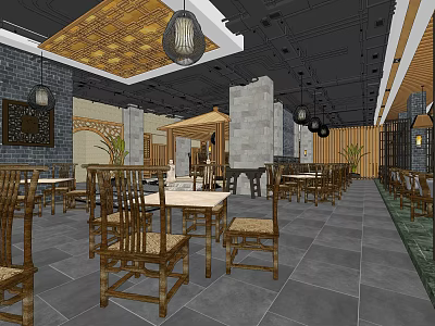 Traditional Chinese Restaurant Interior With Wooden Tables Chairs Brick Walls Lattice Decor And Hanging Lanterns 3d model