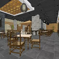 Traditional Chinese Restaurant Interior With Wooden Tables Chairs Brick Walls Lattice Decor And Hanging Lanterns