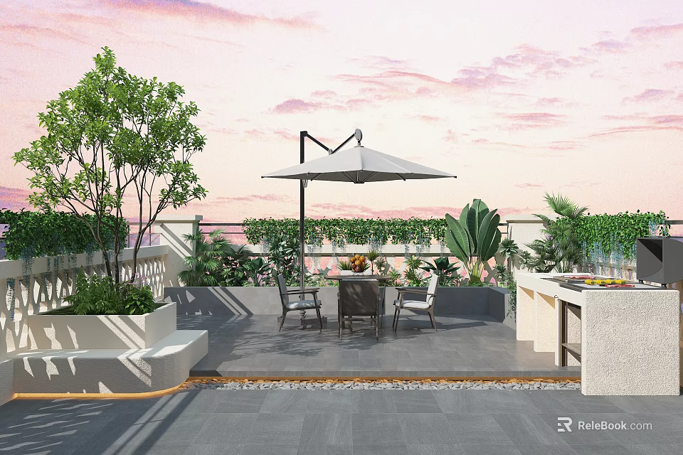 Elegant Courtyard Garden Design With Outdoor Furniture Umbrella Green Plants And Stone Flooring 3d model 