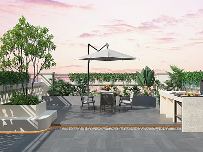 Elegant Courtyard Garden Design With Outdoor Furniture Umbrella Green Plants And Stone Flooring 3d model