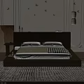 Modern Double Bed with Wooden Headboard White Pillows Checkered Blanket and Gold Bird Wall Decor