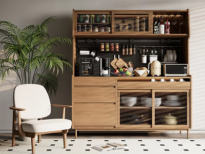 Natural Wooden Sideboard With Glass Mesh Doors Coffee Machine Bowls And Green Plants 3d model
