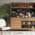 Natural Wooden Sideboard With Glass Mesh Doors Coffee Machine Bowls And Green Plants