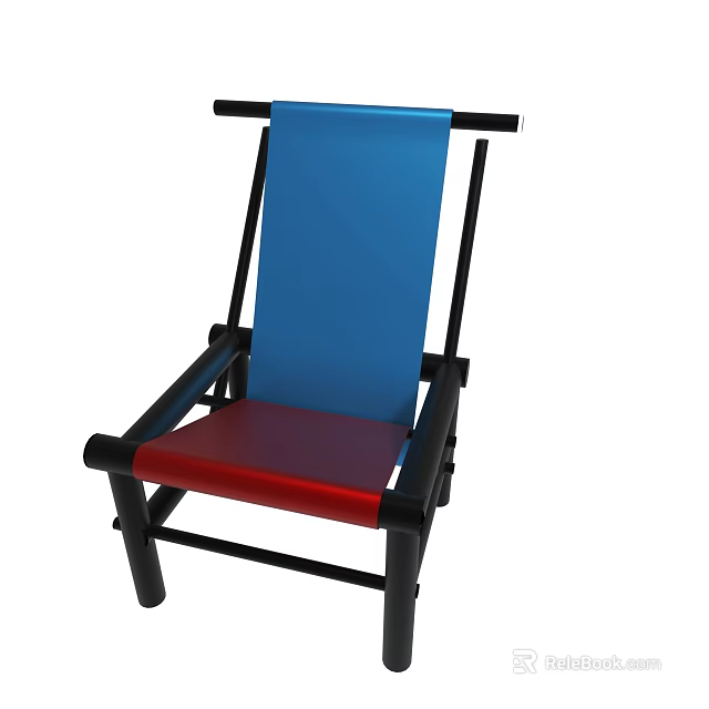 Modern Chair With Blue Backrest Red Seat Cushion And Black Frame 3d model 