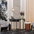 Modern Console Table Interior With Gray Chairs Checkered Cushions And Round Decorative Mirror 3d model