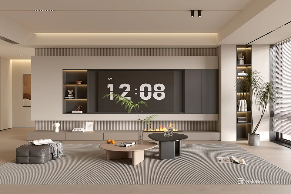 Modern Neutral Toned Living Room With Built In TV Wall And Comfortable Minimalist Interior Styling 3d model 