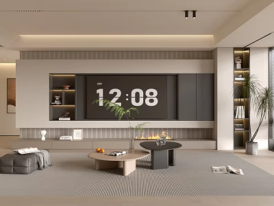 Modern Neutral Toned Living Room With Built In TV Wall And Comfortable Minimalist Interior Styling 3d model