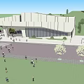 Modern Large Outdoor Public Building Plaza With People Trees And Green Lawns
