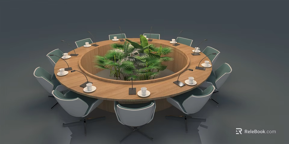 Round Conference Table With Chairs Coffee Cups Notebooks Microphones And Green Plant Centerpiece 3d model 