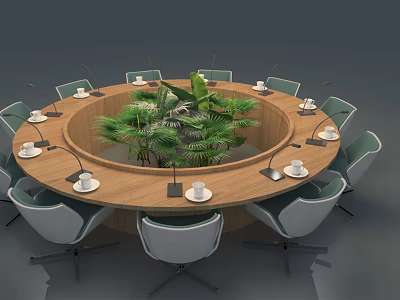 Round Conference Table With Chairs Coffee Cups Notebooks Microphones And Green Plant Centerpiece 3d model