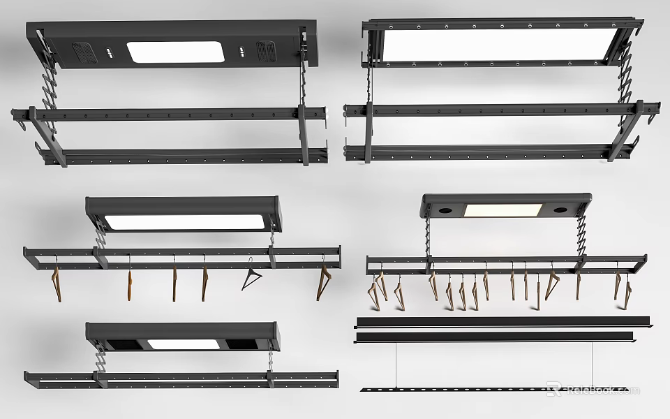 Modern Metal Clothes Hangers Rack System With Various Hooks And Lighting 3d model 