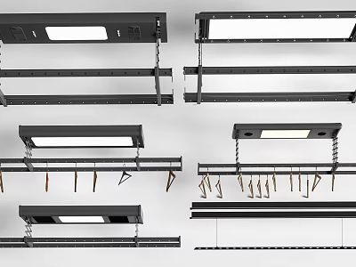 Modern Metal Clothes Hangers Rack System With Various Hooks And Lighting 3d model