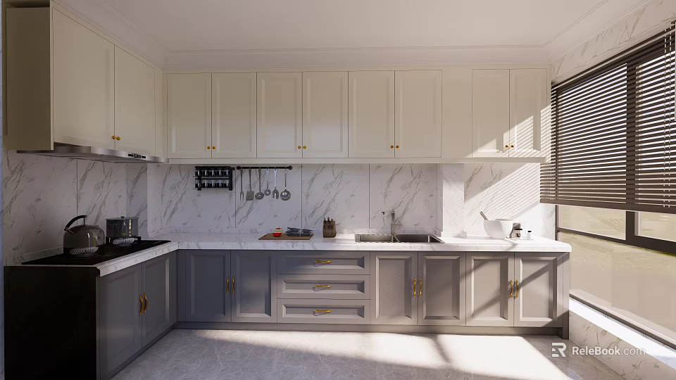 Modern Kitchen Interior With White Upper Cabinets Gray Lower Cabinets And Marble Backsplash 3d model