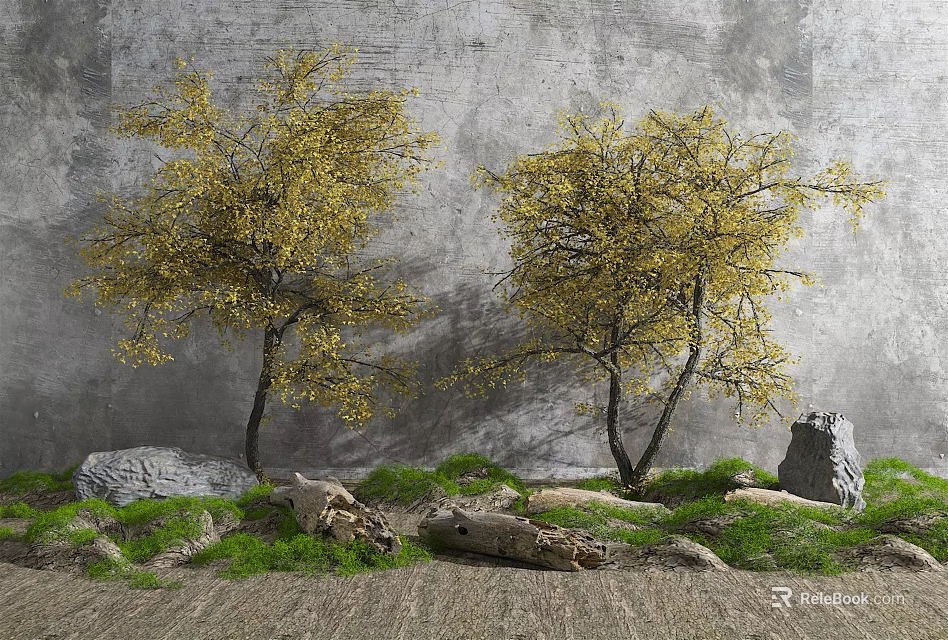 Two Trees with Yellow Leaves Against Gray Wall Background and Stones Logs on Grass 3d model 