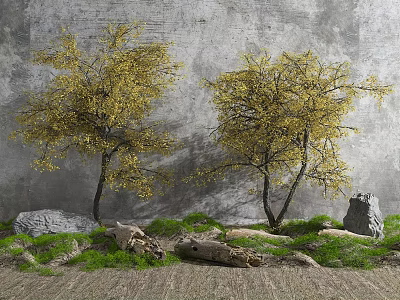 Two Trees with Yellow Leaves Against Gray Wall Background and Stones Logs on Grass 3d model