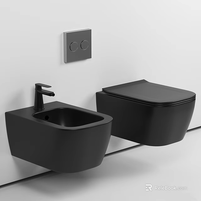 Modern Black Wall Mounted Toilet Design With Washbasin And Control Panel 3d model 