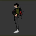 3D Character Model Wearing Green Jacket Black Tactical Vest Gray Pants And Rifle