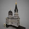 Elegant European Architecture With Twin Towers Black Dome Golden Crosses Arched Doorway And Ornate Windows