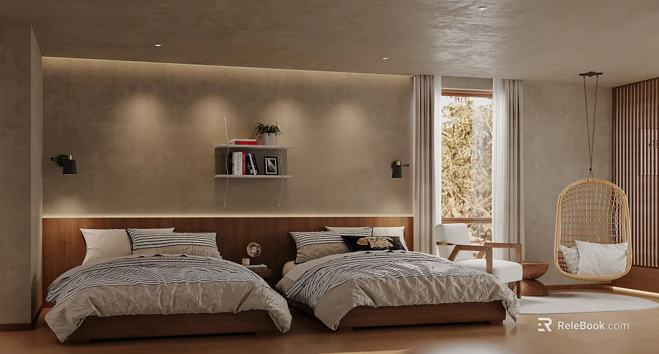 Hotel Guest Room With Two Beds Bedside Shelf Soft Lighting Window Curtains And Armchair 3d model 