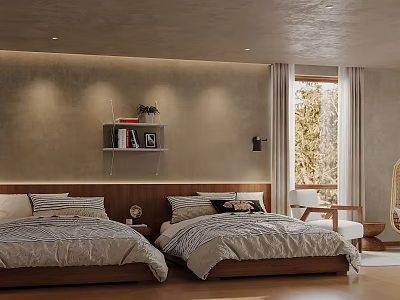 Hotel Guest Room With Two Beds Bedside Shelf Soft Lighting Window Curtains And Armchair 3d model
