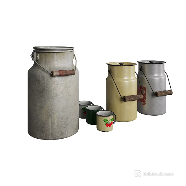 Ceramic Vessels Featuring Milk Cans And Strawberry Pattern Mugs In Various Colors 3d model 