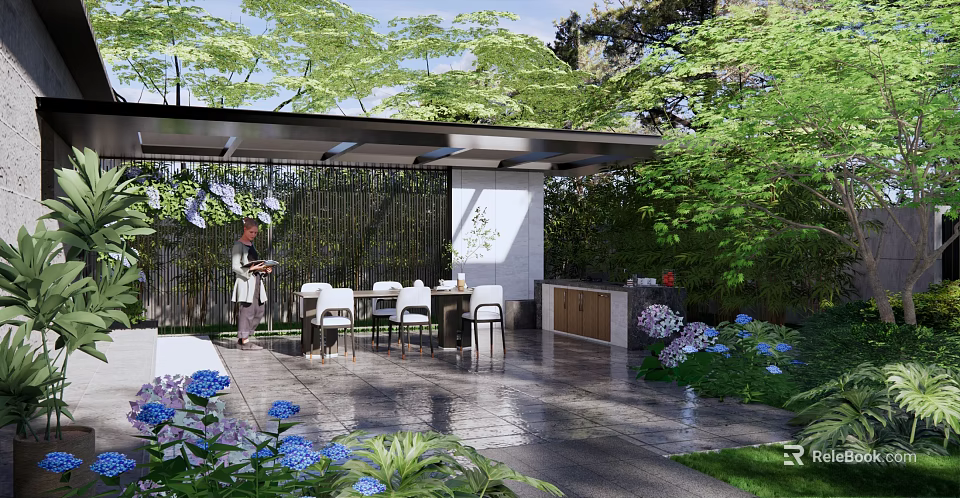 Outdoor Pergola Dining Area With Table Chairs Paved Floor Green Plants And Flowers 3d model 