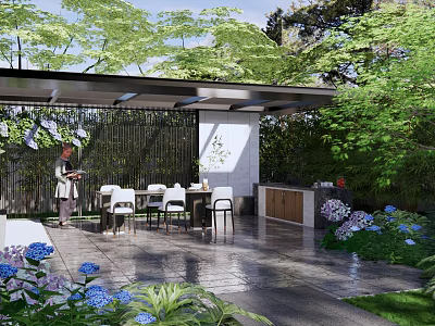 Outdoor Pergola Dining Area With Table Chairs Paved Floor Green Plants And Flowers 3d model