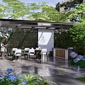 Outdoor Pergola Dining Area With Table Chairs Paved Floor Green Plants And Flowers