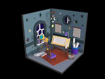 Cartoon Style Room Scene With Starry Walls Moon Decoration Telescope And Easel 3d model