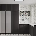 Modern Kitchen Interior With Dark Cabinets White Countertop Gold Hardware Marble Backsplash And Star Floor