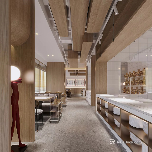 Hot Pot Restaurant Modern Interior With Wooden Decor Open Layout Dining Area Counter And Lighting 3d model 