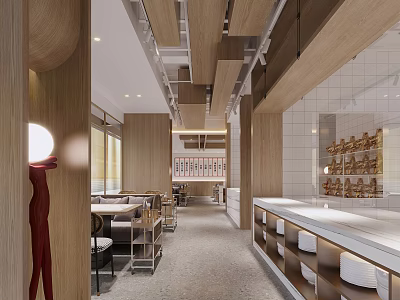 Hot Pot Restaurant Modern Interior With Wooden Decor Open Layout Dining Area Counter And Lighting 3d model