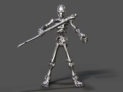 Detailed Intricate Silver Skeleton Sculpture Holding Spear Metallic Artwork Design 3d model