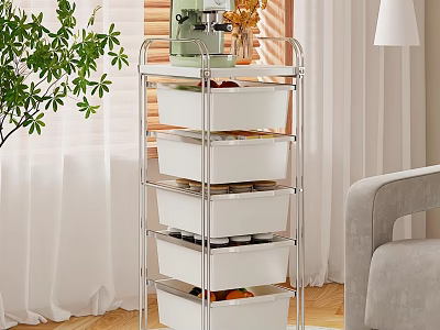 Multi Tiered Metal Frame Storage Rack With White Bins For Living Room Organizing 3d model