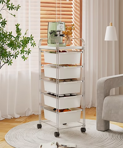 Multi Tiered Metal Frame Storage Rack With White Bins For Living Room Organizing 3d model