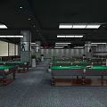 Modern Billiard Room Interior With Billiard Tables Large Blue Screen And Pendant Lights