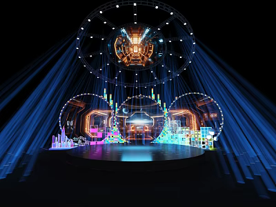 Illuminated Stage Design With Circular Structure Blue Light Beams And Colorful Decorations 3d model