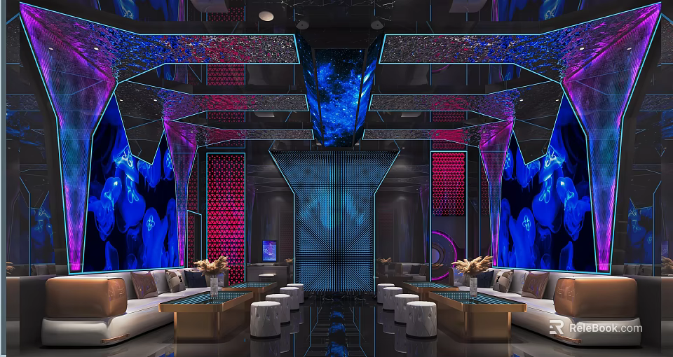 Modern KTV Interior Design With Colorful Neon Lighting Comfortable Sofas Decorative Walls And Flower Decorations 3d model 