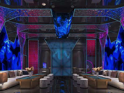 Modern KTV Interior Design With Colorful Neon Lighting Comfortable Sofas Decorative Walls And Flower Decorations 3d model