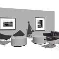 Modern Minimalist Sofa And Coffee Table Set With Black Armchairs Round Tables And Wall Art Frames