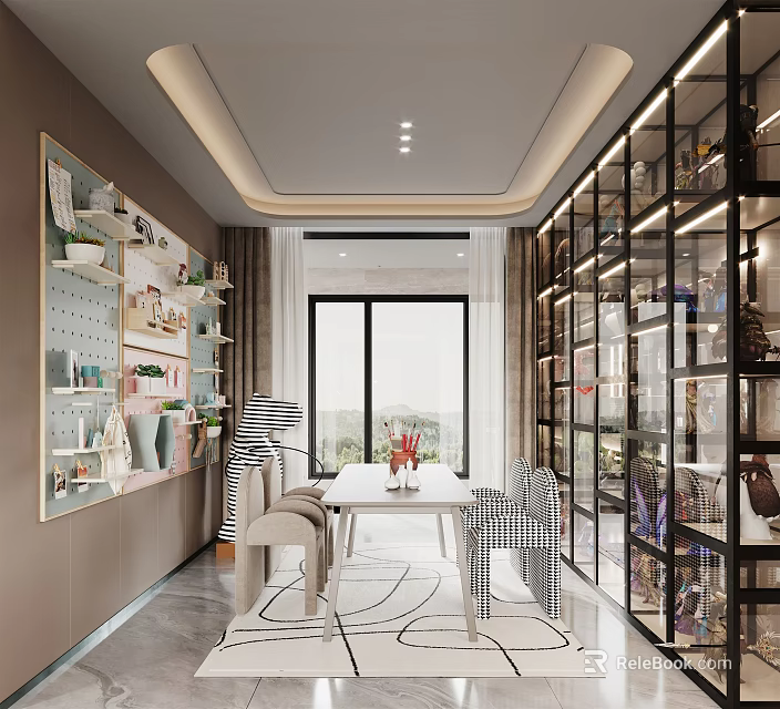 Modern Entertainment Room Interior With Glass Display Cabinets Table Chairs Decorative Items And Large Windows 3d model 