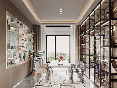 Modern Entertainment Room Interior With Glass Display Cabinets Table Chairs Decorative Items And Large Windows 3d model