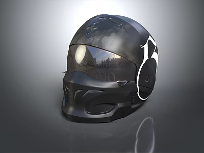 Black Glossy Motorcycle Helmet With Sleek White Design And Reflective Visor 3d model