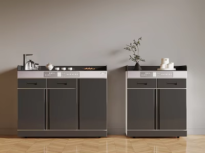 Modern Gray And White Cabinet Units Interior Top With Kettle Mugs And Green Plant 3d model