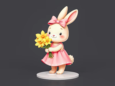Cute Rabbit Doll Wearing Pink Dress With Pink Bow Holding Yellow Flowers On White Base 3d model